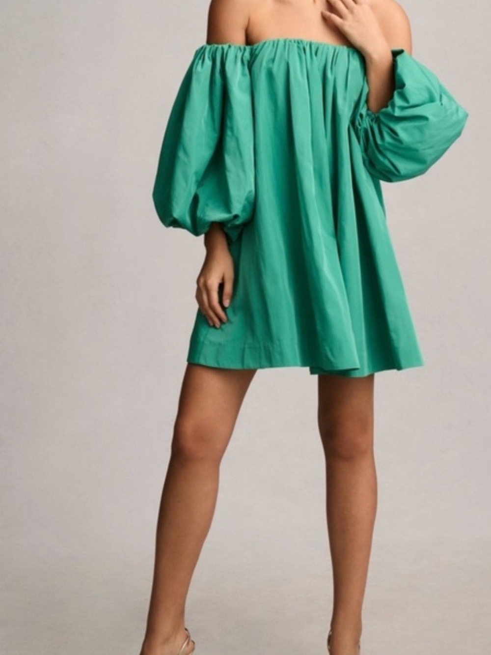Off-Shoulder Mini Dress in Vibrant Green with Balloon Sleeves